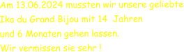 Am 13.06.2024 mussten wir unsere geliebte Ika du Grand Bijou mit 14  Jahren  und 6 Monaten gehen lassen. Wir vermissen sie sehr !